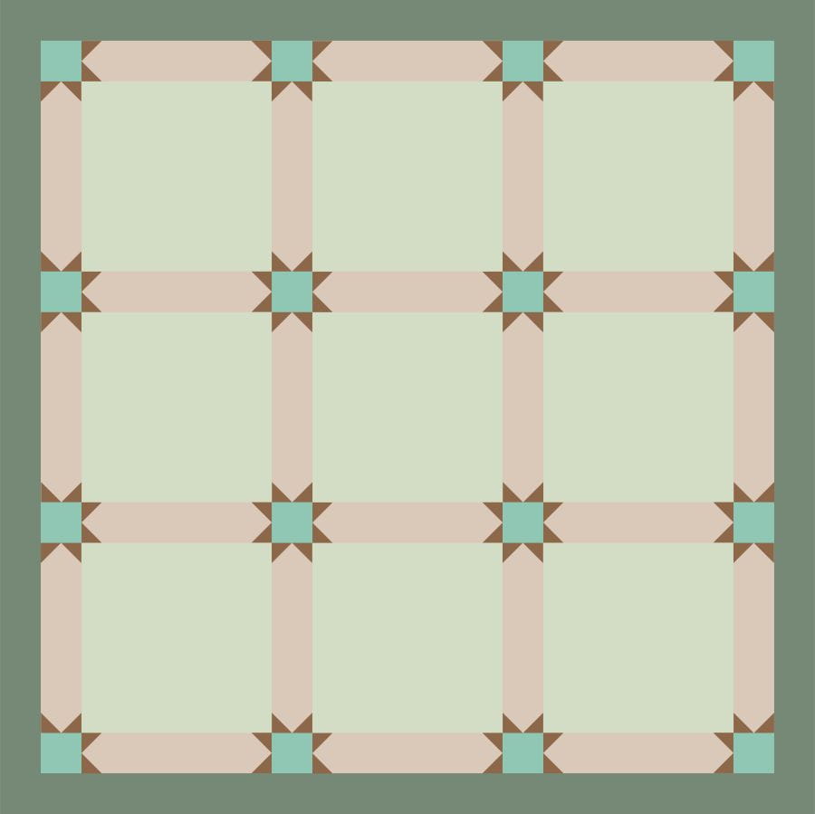 graphic depicting a complete layout of a quilt including border, cornerstones, sashing and the 9 quilt blocks